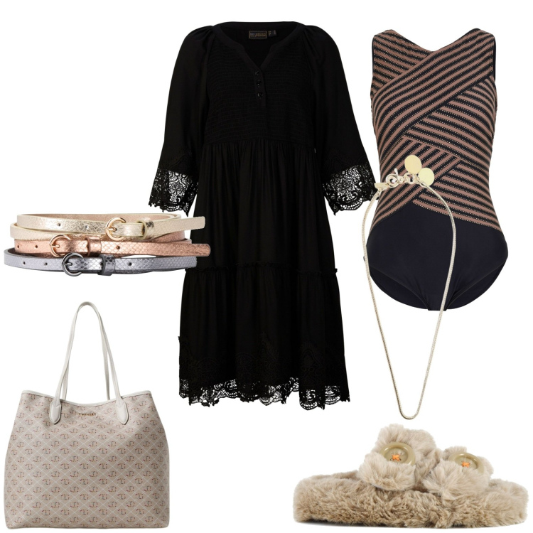 Outfit donna - Total look #1930158. Stile Casual per Mare. Abbinamento con vestiti chemisier, costumi interi, cinture, ciabatte, borse tote, collane.