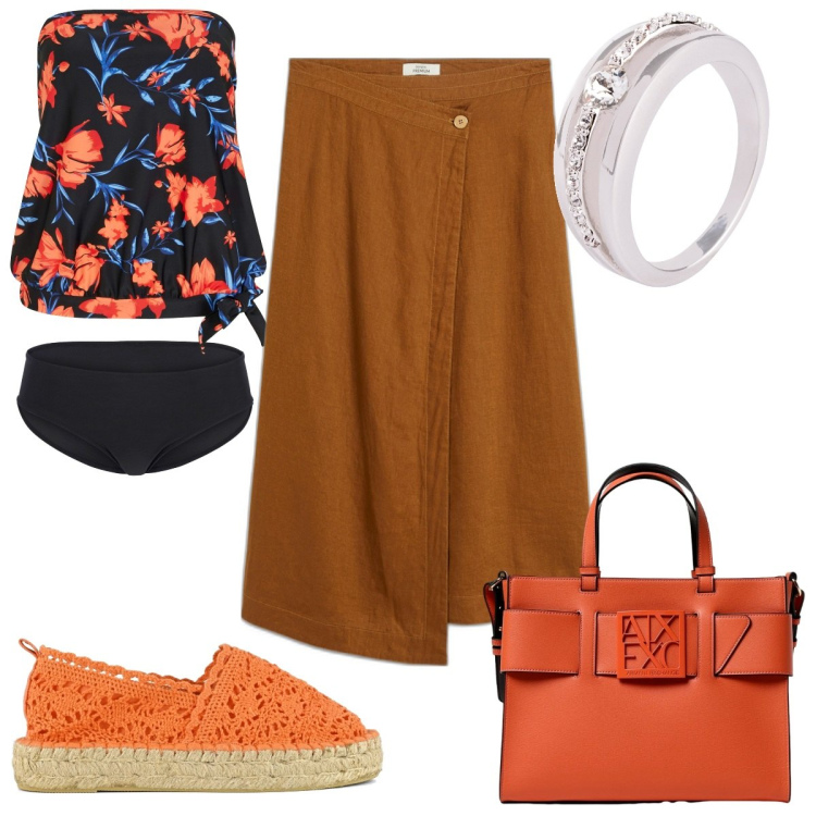 Outfit donna - In spiaggia con stile- etnico. Stile Etnico per Mare. Abbinamento con costumi interi, anelli, gonne, borse a mano, espadrillas.