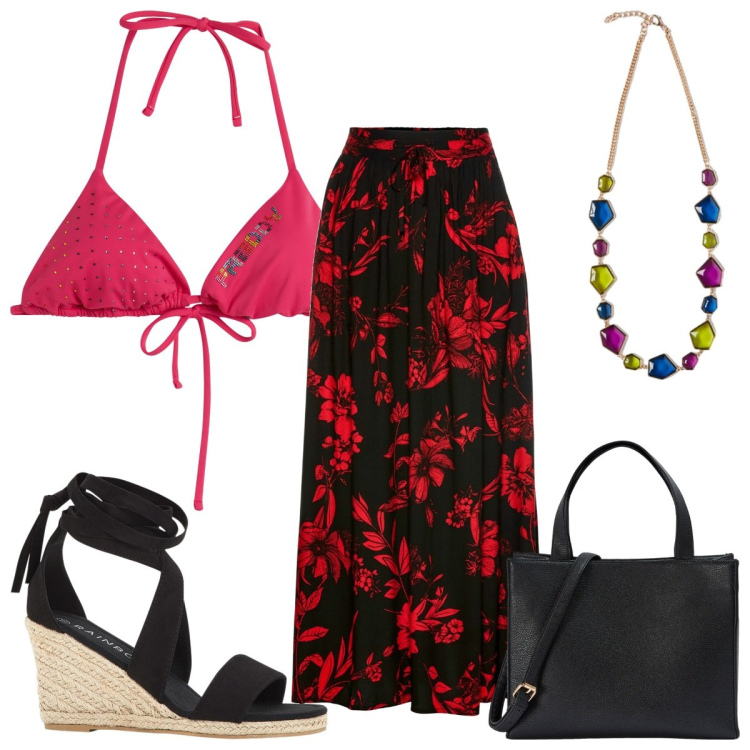 Outfit donna - In spiaggia con stile: sexy!. Stile Sexy per Mare. Abbinamento con gonne lunghe, sandali, shopping bag, bikini, collane.