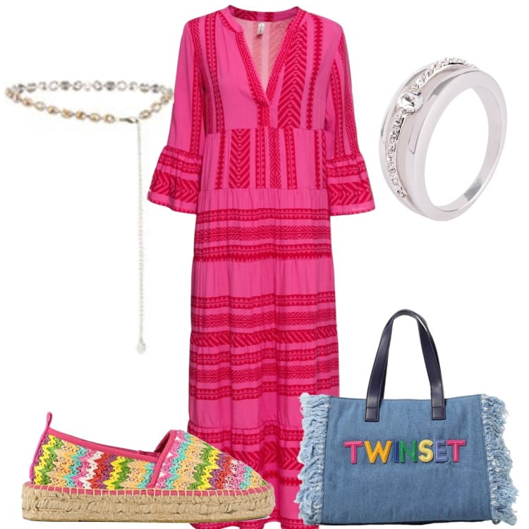 Outfit donna - Boho chic per una festa in spiaggia. Stile Boho per Tutti i giorni. Abbinamento con vestiti lunghi, anelli, cinture, espadrillas, borse a mano.