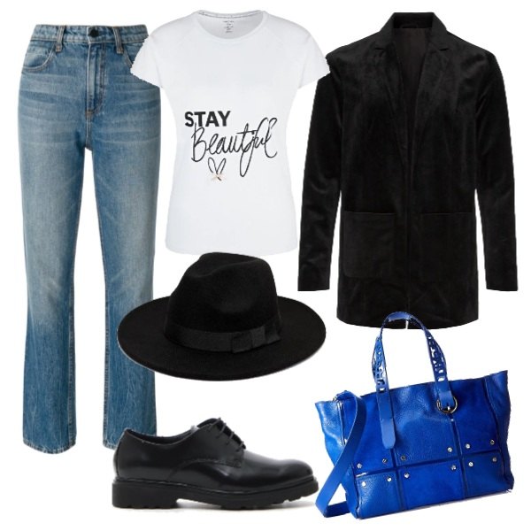 Outfit donna - Street style. Stile Trendy per Tutti i giorni. Abbinamento con blazer in velluto nero, jeans dritti, scarpe stringate con stringhe, t-shirt bianco, cappello nero, shopping bag blu.