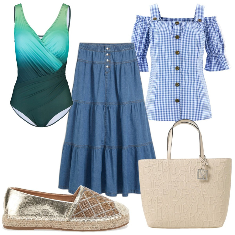 Outfit donna - La mia vacanza boho-chic. Stile Boho per Mare. Abbinamento con camicie a manica corta, costumi interi, gonne, borse tote, espadrillas.