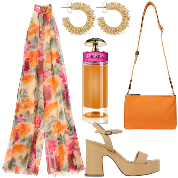 Outfit donna - Tuta floreale. Stile 70s per Serata fuori. Abbinamento con profumi, borse a tracolla, tute, orecchini, sandali col tacco.