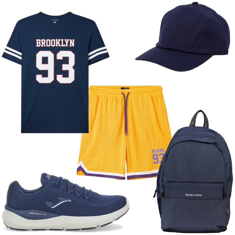 Outfit uomo - Praticamente sportivo. Stile Casual per Tutti i giorni. Abbinamento con t-shirt, bermuda, sneakers, borse sportive, cappelli.