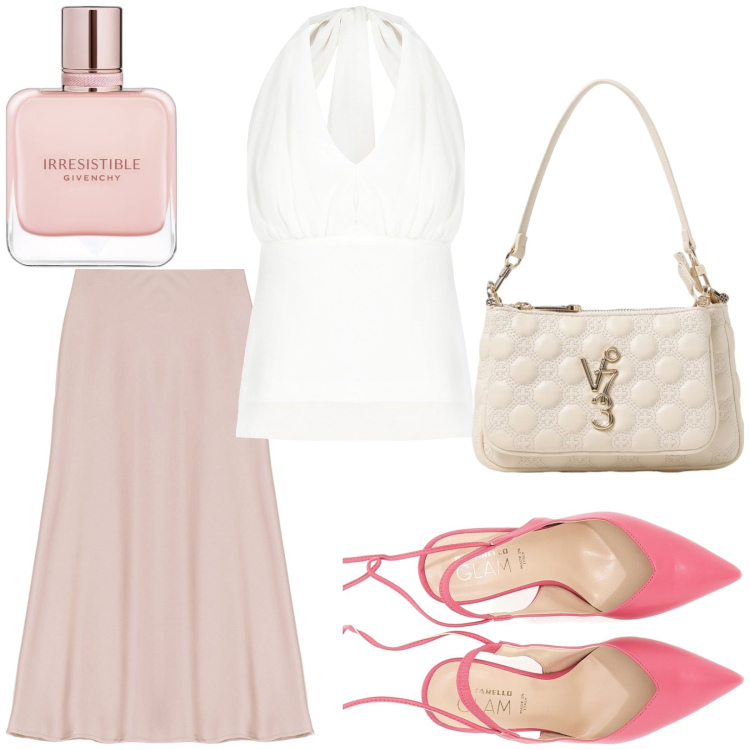 Outfit donna - Total look #1930195. Stile Chic per Serata fuori. Abbinamento con profumi, top, gonne longuette, borse a spalla, décolleté.