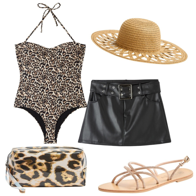 Outfit donna - Terranova : sexy animalier. Stile Sexy per Mare. Abbinamento con costumi interi, sandali, valigie, minigonne, cappelli.