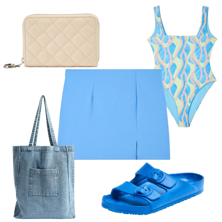 Outfit donna - Terranova: vacanza in blu. Stile Trendy per Mare. Abbinamento con costumi interi, sandali in pelle, minigonne, shopping bag, portafogli.