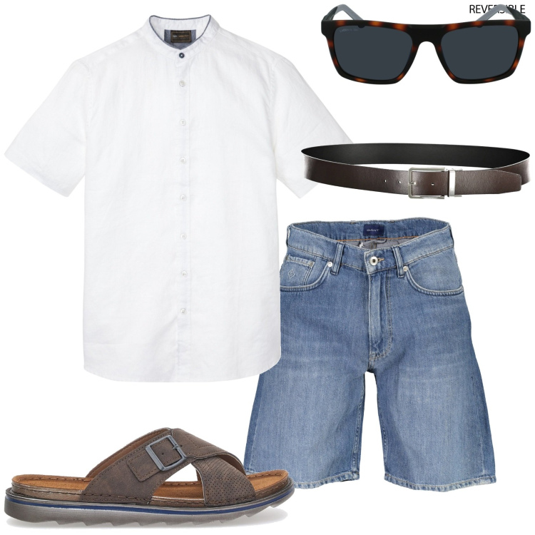 Outfit uomo - In città. Stile Casual per Tutti i giorni. Abbinamento con camicie a manica corta, sandali, cinture, bermuda, occhiali da sole.