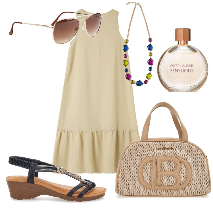 Outfit donna - Basic and chic con il colore sabbia. Stile Basic per Tutti i giorni. Abbinamento con occhiali da sole, profumi, vestiti lunghi, sandali, collane, borse a mano.