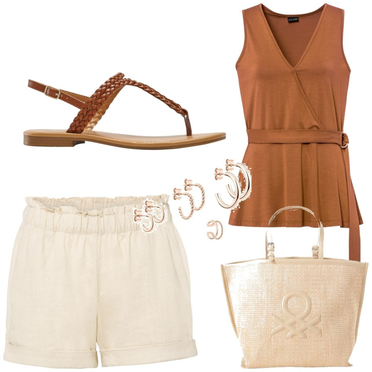 Outfit femme - Pour masquer son petit ventre. Style Boho pour Tous les jours. Assortir avec hauts, short, sandales à talon, sacs à main, boucles d'oreilles.
