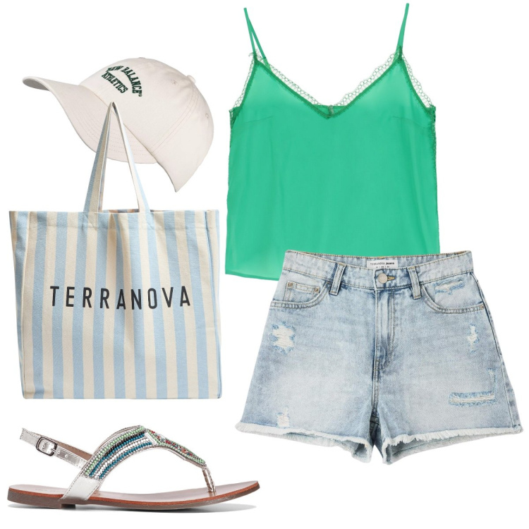 Outfit donna - Il top verde. Stile Basic per Mare. Abbinamento con ciabatte, shorts, borse tote, cappelli, top.
