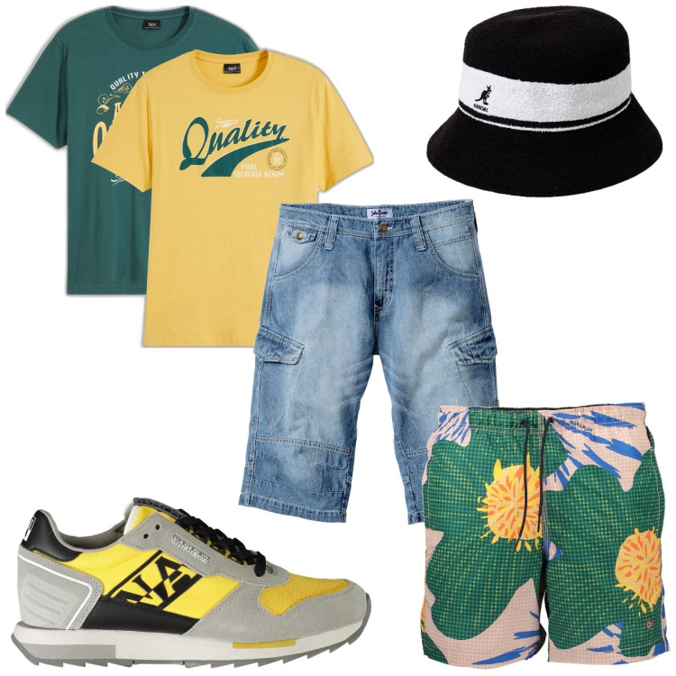 Outfit uomo - Bermuda jeans. Stile Trendy per Mare. Abbinamento con bermuda, t-shirt, cappelli, costumi, sneakers.