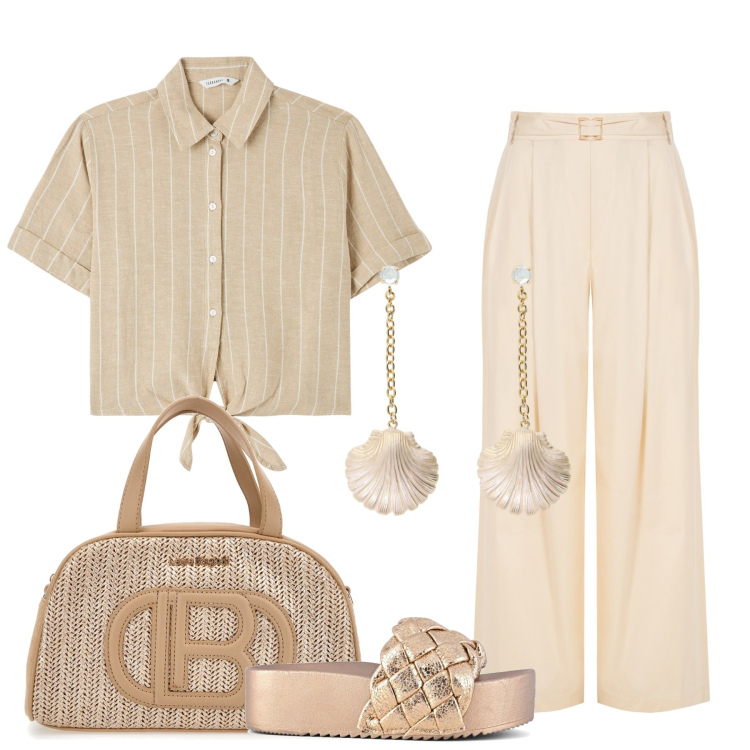 Outfit donna - I toni del sabbia. Stile Chic per Tutti i giorni. Abbinamento con pantaloni, camicie a manica corta, orecchini, sandali, borse a mano.