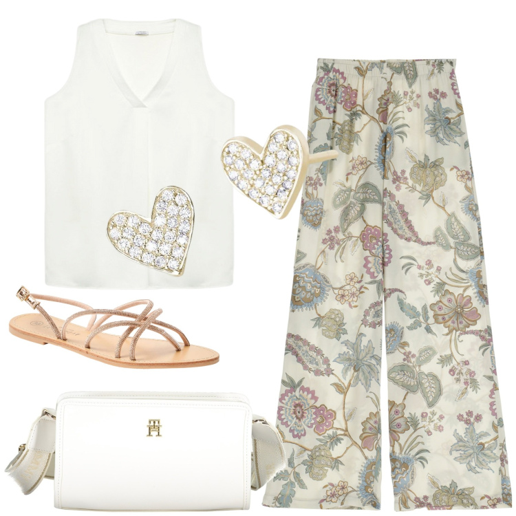 Outfit donna - Colori soft. Stile Bon Ton per Ufficio. Abbinamento con sandali, orecchini, pantaloni, top, borse a tracolla.