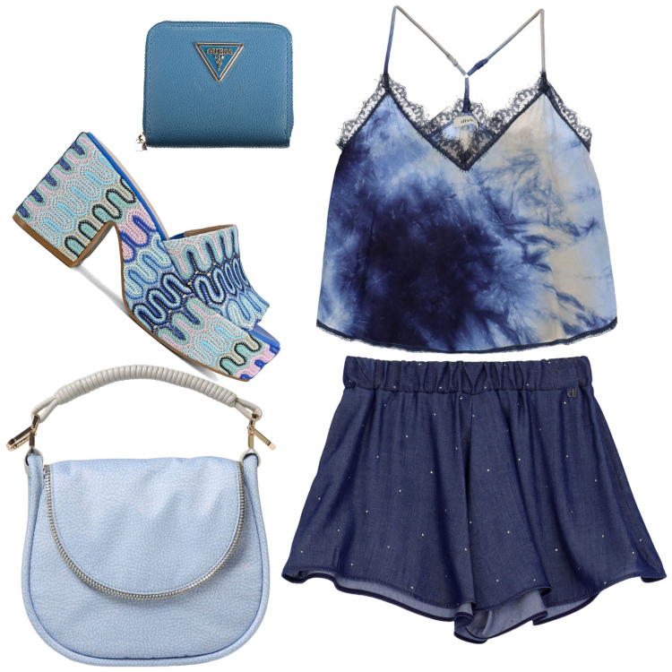 Outfit donna - Bella in blu. Stile Casual chic per Tutti i giorni. Abbinamento con shorts, top, sabot, borse a spalla, portafogli.