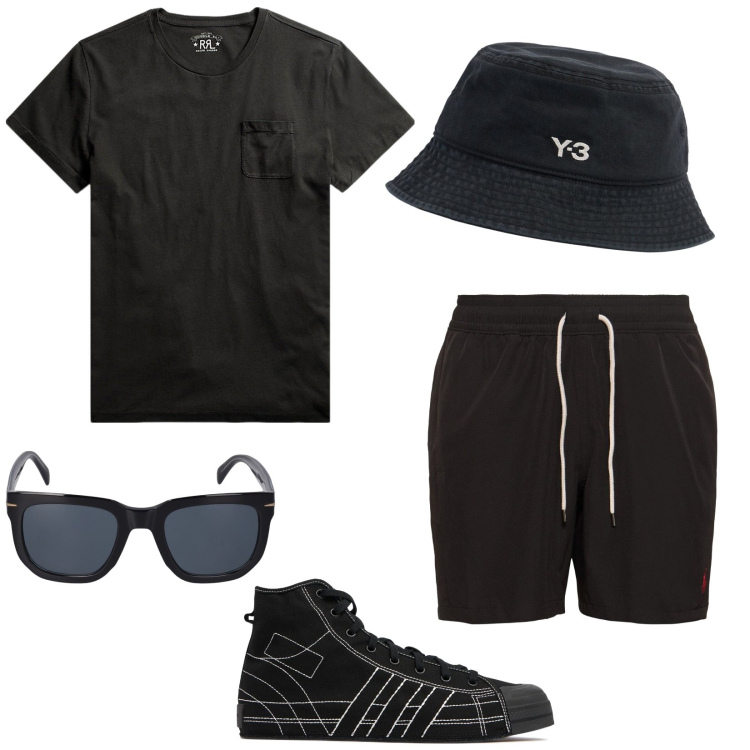 Outfit uomo - Anche d estate total black. Stile Casual per Tutti i giorni. Abbinamento con t-shirt, shorts, occhiali da sole, cappelli, sneakers alte.