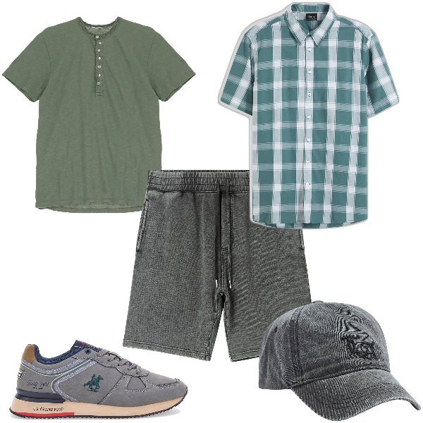 Outfit uomo - Total look #1930320. Stile Casual per Tutti i giorni. Abbinamento con camicie a manica corta, pantaloni corti, cappelli, t-shirt, sneakers.