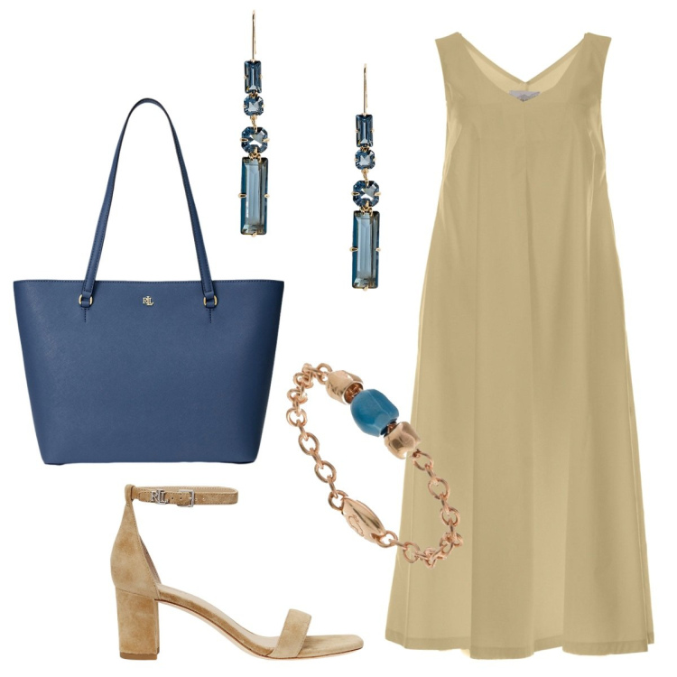 Outfit donna - Nuance marine. Stile Minimal per Serata fuori. Abbinamento con borse tote, orecchini, sandali col tacco, vestiti lunghi, anelli.