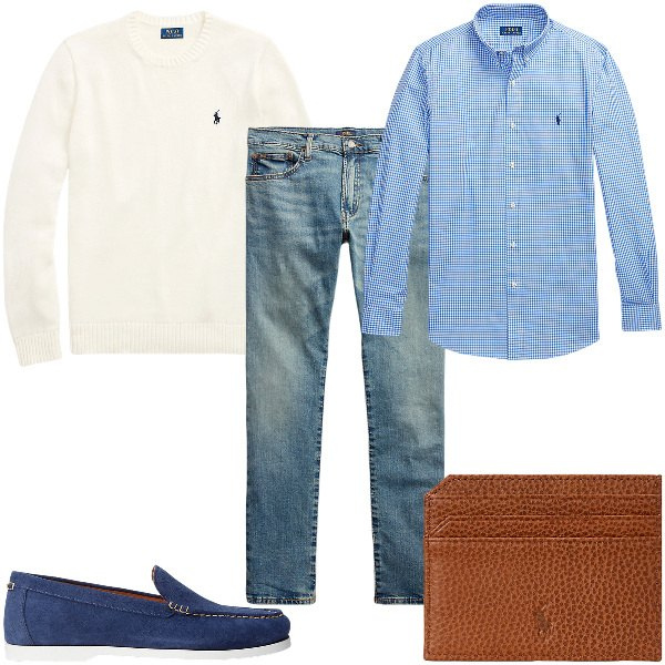 Outfit uomo - Total look #1930332. Stile Trendy per Ufficio. Abbinamento con jeans, scarpe stringate, camicie, portafogli, maglieria.