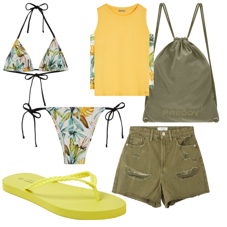 Outfit donna - In spiaggia tutto il giorno. Stile Casual per Mare. Abbinamento con shorts, infradito, bikini, canottiere, bikini, zaini.
