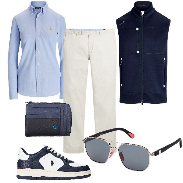 Outfit uomo - Total look #1930345. Stile Casual per Ufficio. Abbinamento con pantaloni chino, camicie, sneakers, maglieria, portafogli, occhiali da sole.