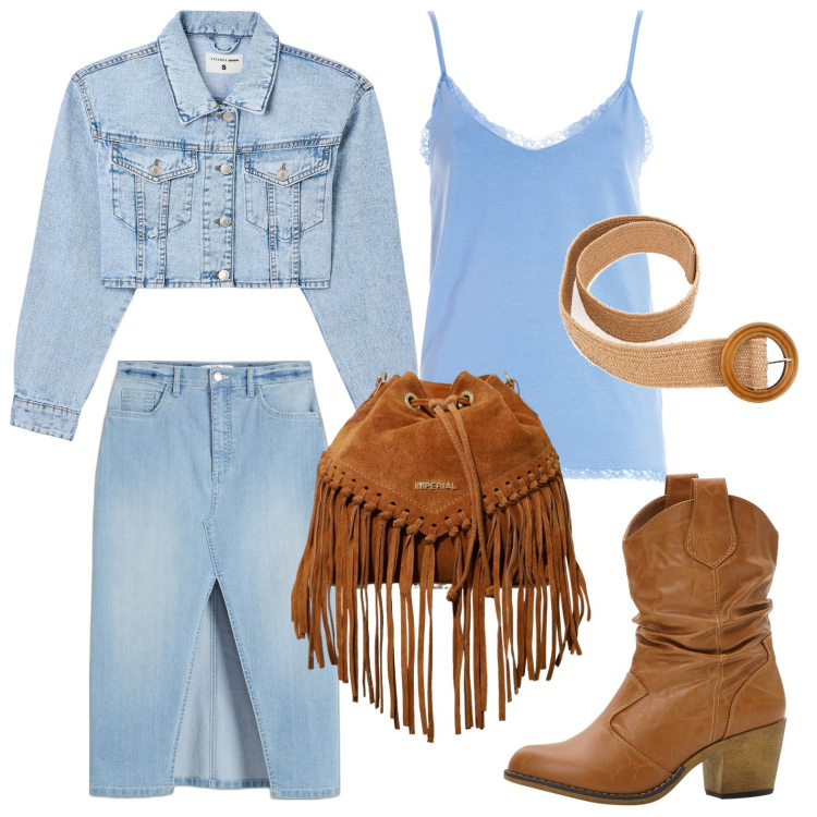 Outfit donna - Cowgirl in denim. Stile Boho per Tutti i giorni. look ideale per Petite. Abbinamento con stivaletti texani, gonne longuette, blazer, canottiere, borse a secchiello, cinture.