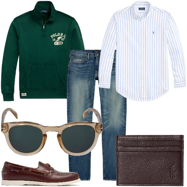 Outfit uomo - Total look #1930351. Stile Casual per Tutti i giorni. Abbinamento con portafogli, camicie, jeans, felpe, occhiali da sole, scarpe stringate.