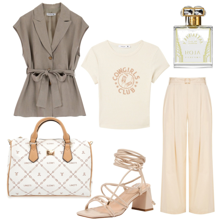 Outfit donna - Il pantalone color sabbia. Stile Minimal per Tutti i giorni. Abbinamento con profumi, t-shirt, sandali alla schiava, gilet, pantaloni, borse a mano.