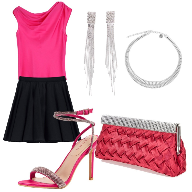 Outfit donna - Elegantemente low cost. Stile Glamour per Mare. Abbinamento con orecchini, sandali col tacco, canottiere, minigonne, collane, pochette.