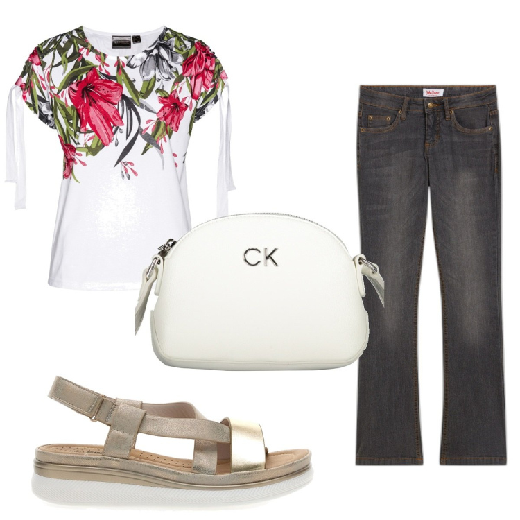 Outfit donna - Total look #1930379. Stile Basic per Tutti i giorni. Abbinamento con jeans bootcut, maglieria, borse a tracolla, sandali col tacco.