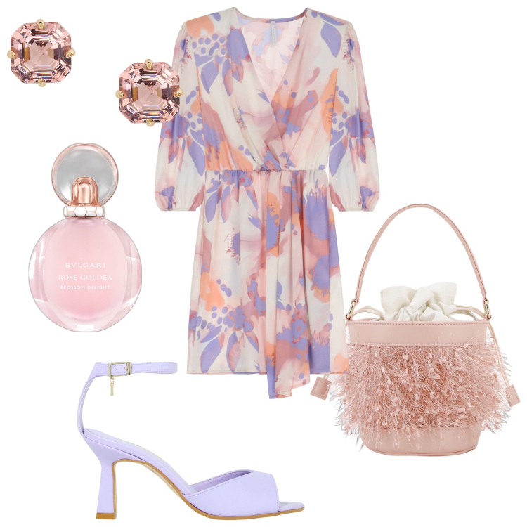 Outfit donna - Cerimonia a settembre. Stile Romantica per Cerimonia. Abbinamento con profumi, vestiti corti, décolleté, orecchini, borse a secchiello.