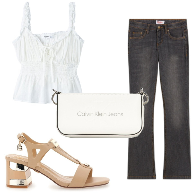 Outfit donna - Total look #1930381. Stile Trendy per Tutti i giorni. Abbinamento con jeans bootcut, top, borse a spalla, sandali col tacco.