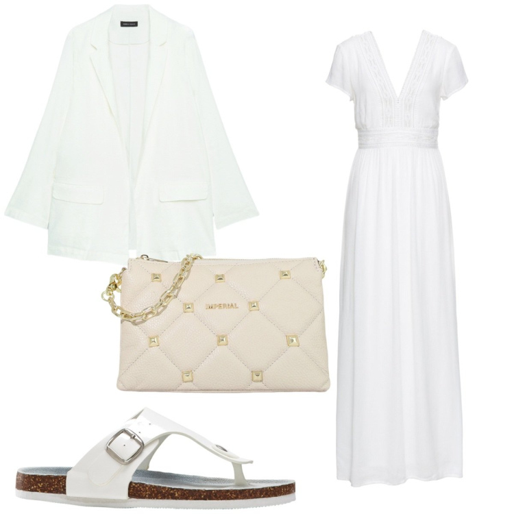 Outfit donna - Total look #1930405. Stile Trendy per Tutti i giorni. Abbinamento con vestiti lunghi, infradito, pochette, blazer.