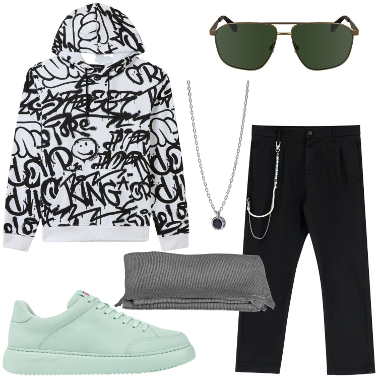 Outfit uomo - Al concerto jazz. Stile Casual per Serata speciale. Abbinamento con felpe con cappuccio, collane, pantaloni, occhiali da sole, sneakers, sciarpe.