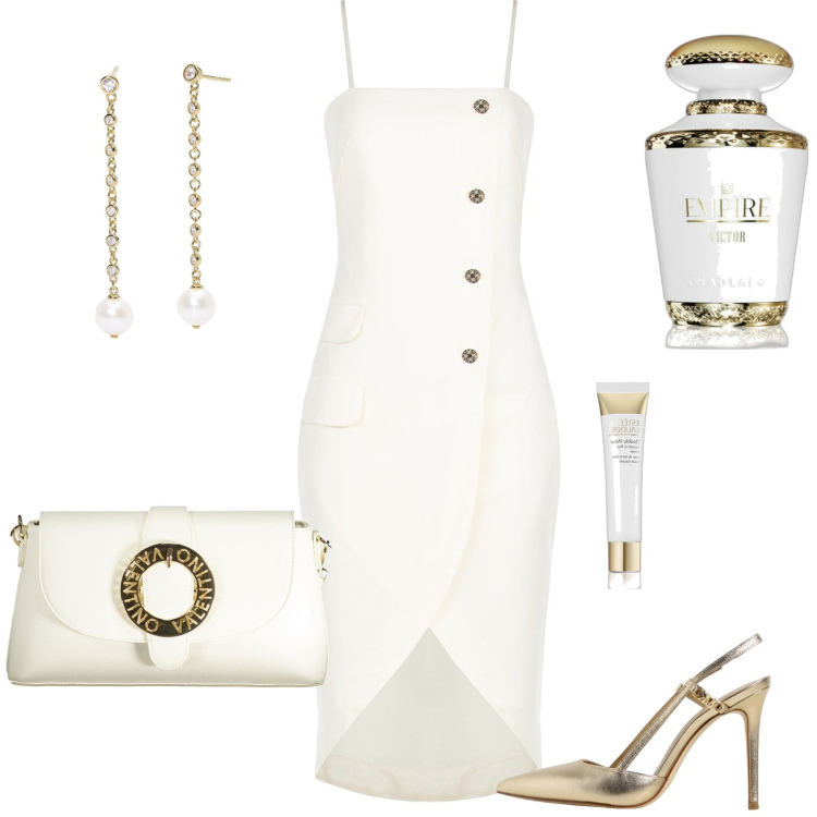 Outfit donna - Golden vanity. Stile Glamour per Cerimonia. Abbinamento con primer, profumi, orecchini, vestiti midi/longuette, borse a spalla, décolleté.