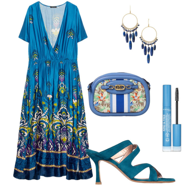 Outfit donna - Notte di desideri. Stile Boho per Serata fuori. Abbinamento con mascara, orecchini, sandali col tacco, borse a spalla, vestiti lunghi.