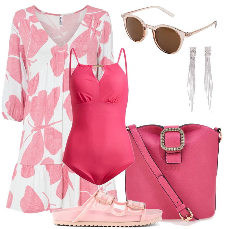 Outfit donna - Il vestito a fiori comodo. Stile Casual chic per Mare. Abbinamento con orecchini, occhiali da sole, costumi interi, vestiti, sandali, borse a tracolla.