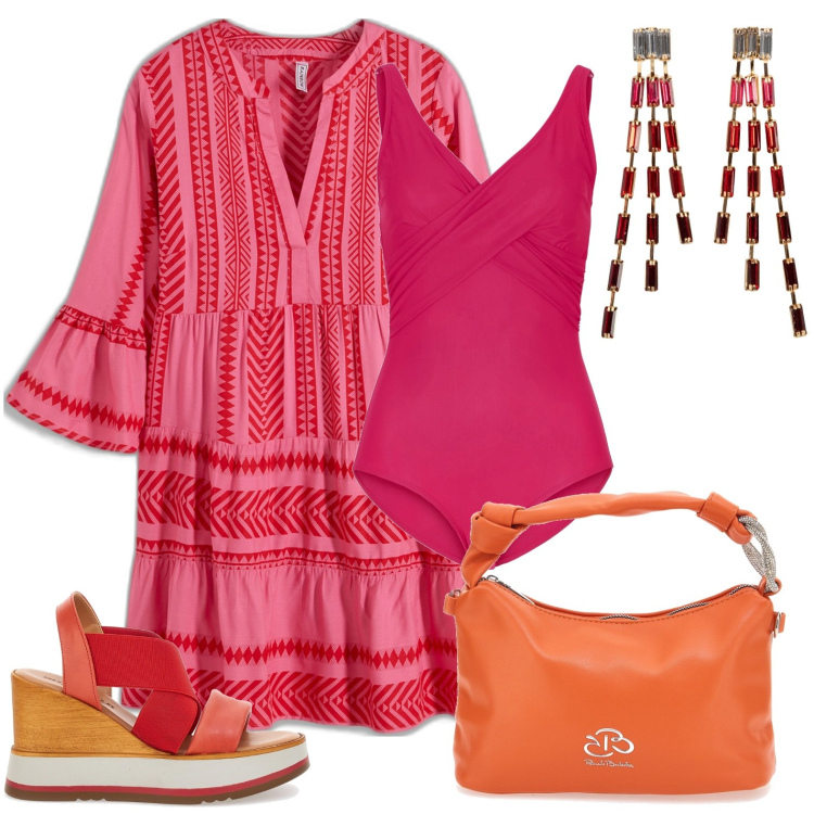 Outfit donna - Camicione no stress. Stile Boho per Mare. Abbinamento con costumi interi, orecchini, vestiti corti, sandali, borse a mano.
