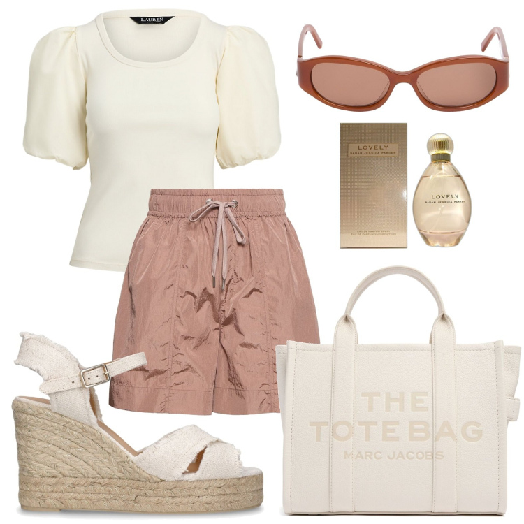 Outfit donna - Short brown con espadrillas. Stile Bon Ton per Tutti i giorni. look ideale per Petite. Abbinamento con profumi, t-shirt, shopping bag, espadrillas, occhiali da sole, shorts.