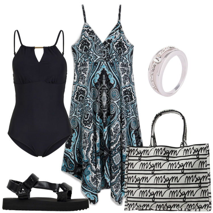 Outfit donna - Stile sotto l\'ombrellone. Stile Preppy per Mare. Abbinamento con costumi interi, anelli, vestiti, borse tote, sandali in pelle.