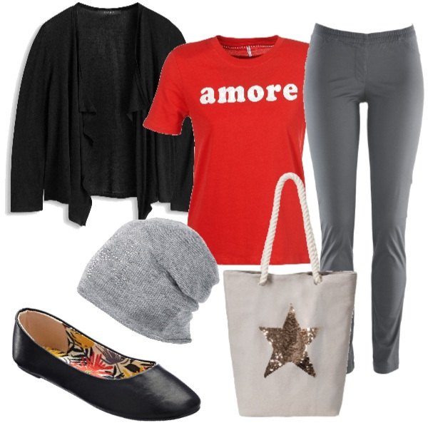 Outfit donna - Tutto a soli cinquanta.... Stile Basic per Tutti i giorni. Abbinamento con ballerine, treggings elasticizzato grigio, shopping bag, berretto, t-shirt a maniche corte rosso, cardigan nero.