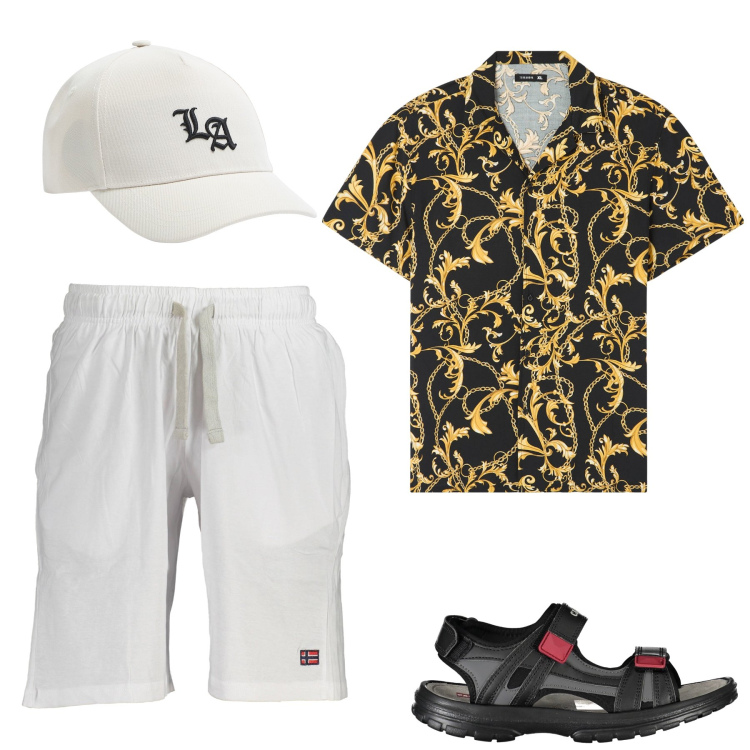 Outfit uomo - Sandali per le vacanze. Stile Urban per Mare. Abbinamento con camicie a manica corta, cappelli, bermuda, sandali.