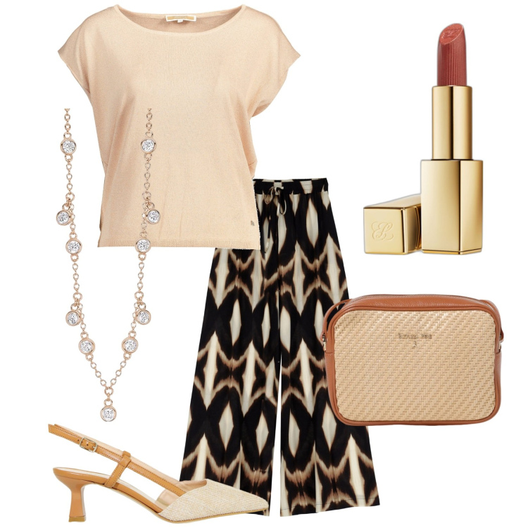 Outfit donna - Sabbia chic. Stile Chic per Tutti i giorni. Abbinamento con rossetti, collane, sandali col tacco, pantaloni a palazzo, borse a tracolla, t-shirt.