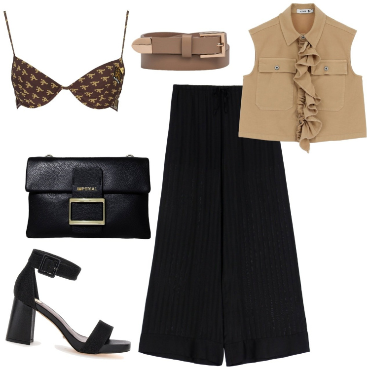 Outfit donna - Beige chic. Stile Casual chic per Serata fuori. Abbinamento con pochette, pantaloni a palazzo, gilet, cinture, sandali col tacco, reggiseni push-up.