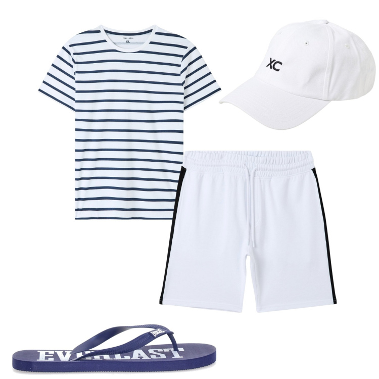 Outfit uomo - White. Stile Casual per Tutti i giorni. Abbinamento con pantaloni corti, t-shirt, sandali, cappelli.
