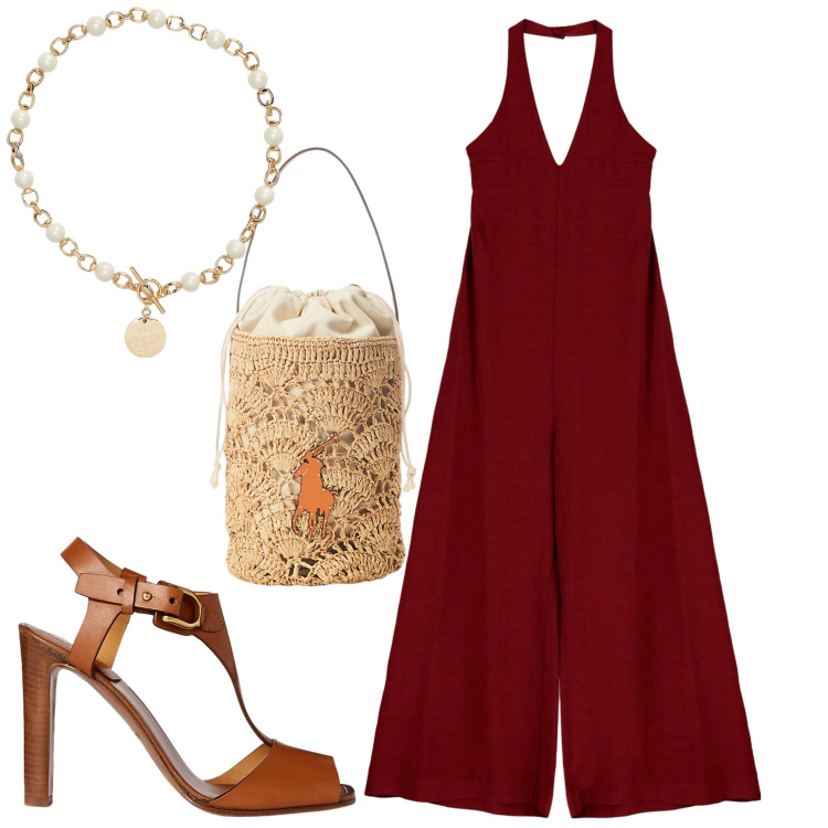Outfit donna - La tuta per le serate marine. Stile Minimal per Serata fuori. Abbinamento con tute, collane, borse a secchiello, sandali in pelle.
