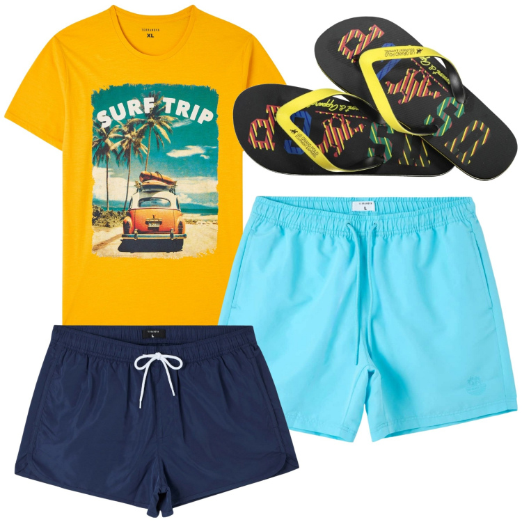 Outfit uomo - In spiaggia. Stile Casual per Mare. Abbinamento con costumi, bermuda, t-shirt, sandali.