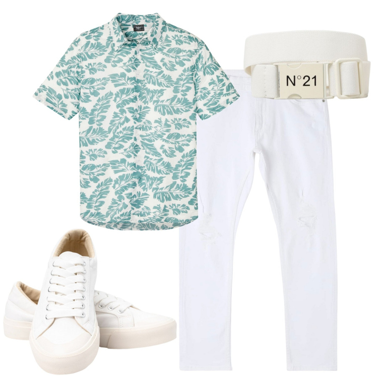 Outfit uomo - Total look #1930483. Stile Urban per Tutti i giorni. Abbinamento con camicie a manica corta, jeans strappati, sneakers, cinture.