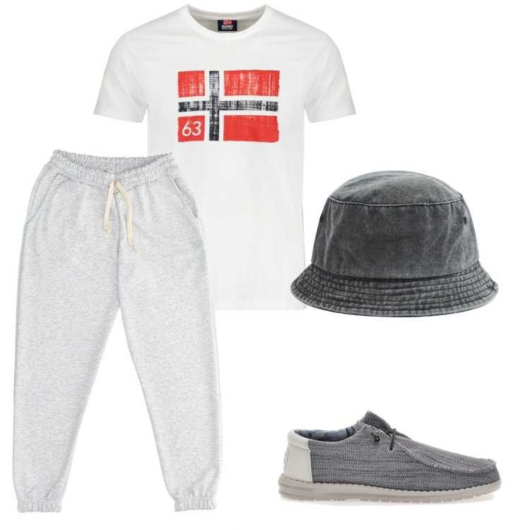 Outfit uomo - Sporty boy. Stile Casual per Tutti i giorni. Abbinamento con cappelli, t-shirt, pantaloni, scarpe stringate.