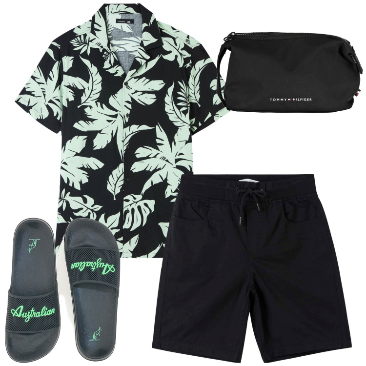 Outfit uomo - Mare. Stile Casual per Tutti i giorni. Abbinamento con camicie a manica corta, shorts, borse sportive, sandali.